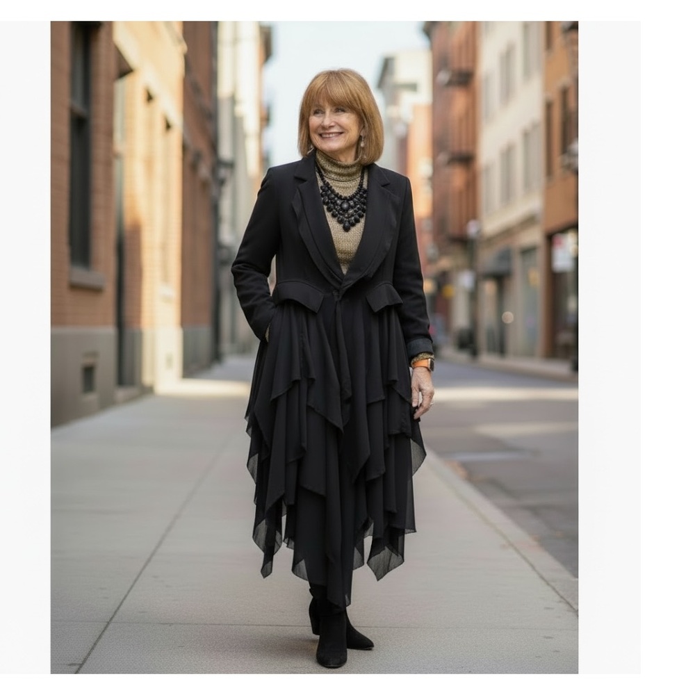 Gracia Black Asymmetrical dramatic ruffle blazer/ light coat statement piece s